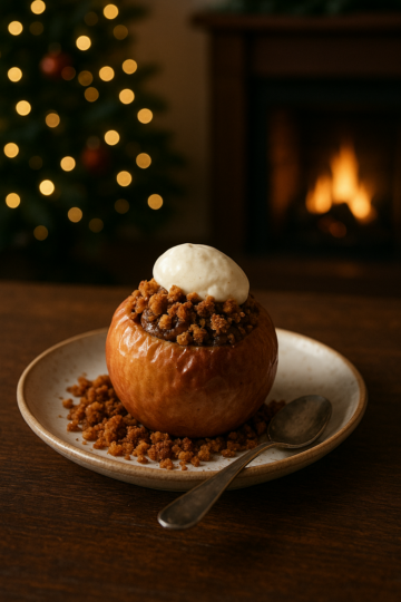 Pomme rôtie farcie à la crème de marron et crumble de pain d’épices, servie sur une assiette en céramique posée sur une table en bois foncé, avec un salon de décembre en arrière-plan, décoré d’un sapin de Noël flou et d’un feu de cheminée.