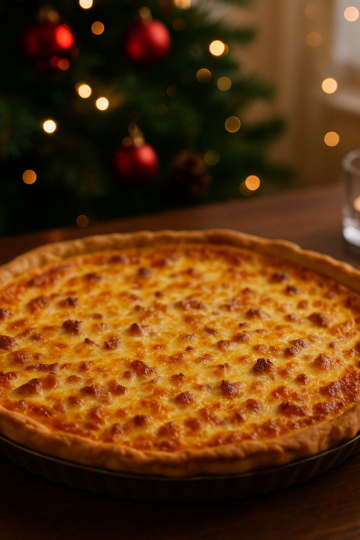 Décor hivernal avec une table en bois foncé, un petit centre de table composé de branches de sapin, deux boules rouges et une pomme de pin, une bougie allumée dans un photophore, et un sapin de Noël lumineux en arrière-plan.
