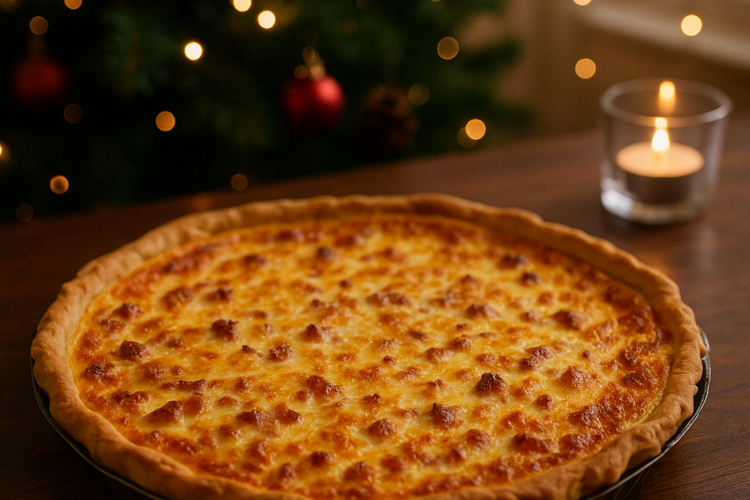 Décor hivernal avec une table en bois foncé, un petit centre de table composé de branches de sapin, deux boules rouges et une pomme de pin, une bougie allumée dans un photophore, et un sapin de Noël lumineux en arrière-plan.