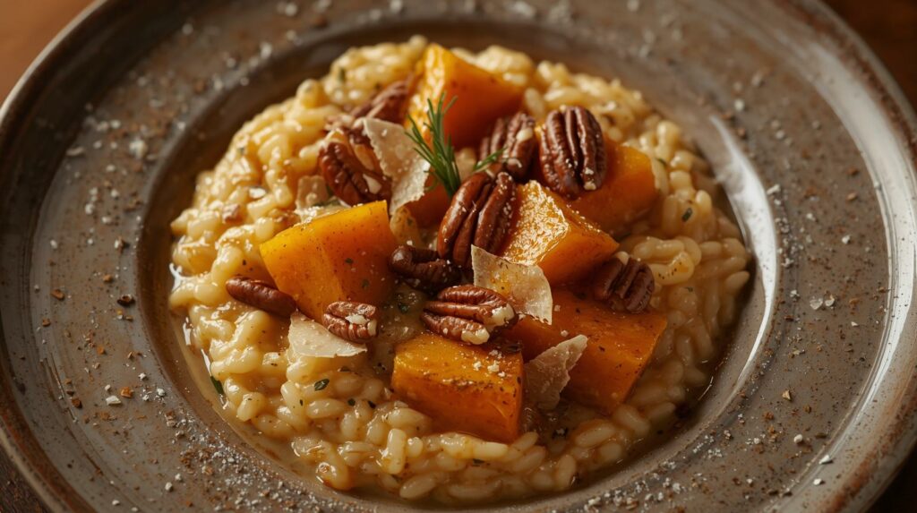 Cette photo met en valeur un risotto crémeux à base de riz Arborio, courge butternut rôtie, noix de pécan caramélisées et une sauce au gingembre, le tout couronné de sauge fraîche. Le plat est servi dans un bol en céramique rustique, avec des décorations festives de pinecones et de guirlandes lumineuses en arrière-plan, apportant une atmosphère chaleureuse et festive.