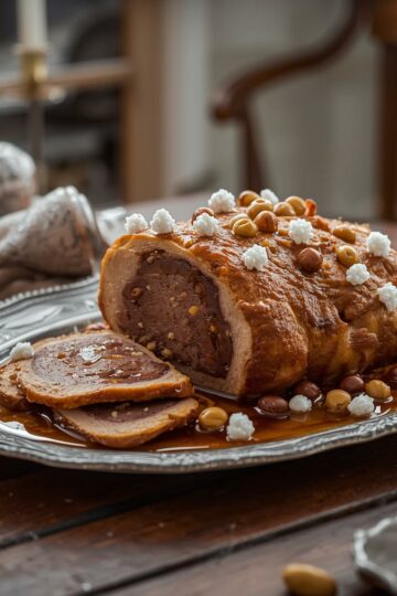 Rôti de Lune d’Hiver doré et juteux, tranché sur un plat en argent, nappé d’un jus ambré et décoré de noisettes, châtaignes et éclats blancs rappelant la neige, posé sur une table en bois dans un salon chaleureux aux lumières de Noël.
