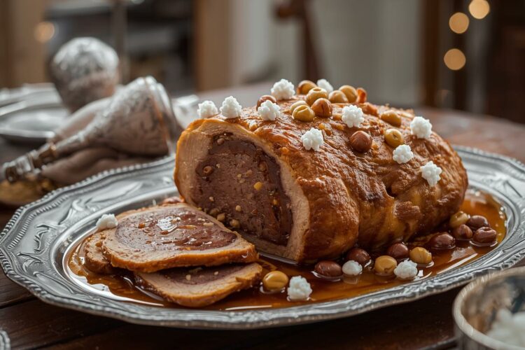 Rôti de Lune d’Hiver doré et juteux, tranché sur un plat en argent, nappé d’un jus ambré et décoré de noisettes, châtaignes et éclats blancs rappelant la neige, posé sur une table en bois dans un salon chaleureux aux lumières de Noël.