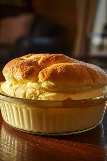 Soufflé doré et moelleux dans un plat en verre, posé sur une table en bois foncé dans un salon baigné de lumière naturelle.