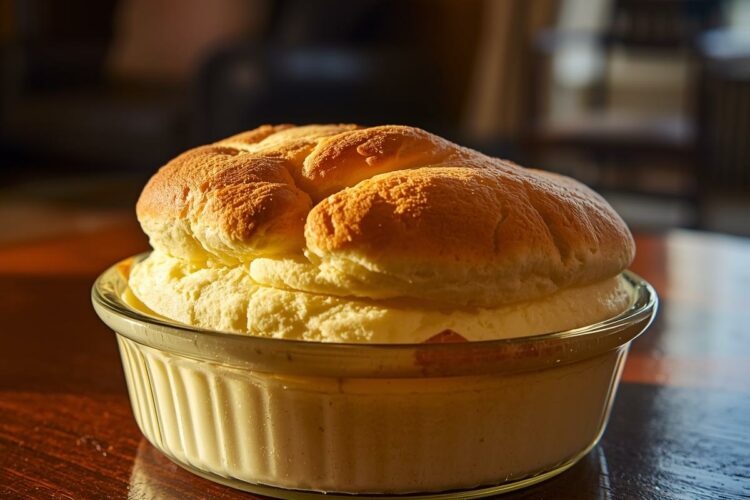 Soufflé doré et moelleux dans un plat en verre, posé sur une table en bois foncé dans un salon baigné de lumière naturelle.
