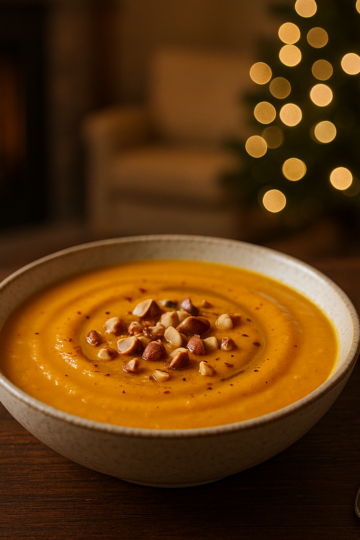 Bol de velouté de potimarron crémeux garni de noisettes concassées, posé sur une table en bois foncé, dans un salon chaleureux décoré pour décembre, avec un sapin illuminé et un feu de cheminée en arrière-plan.
