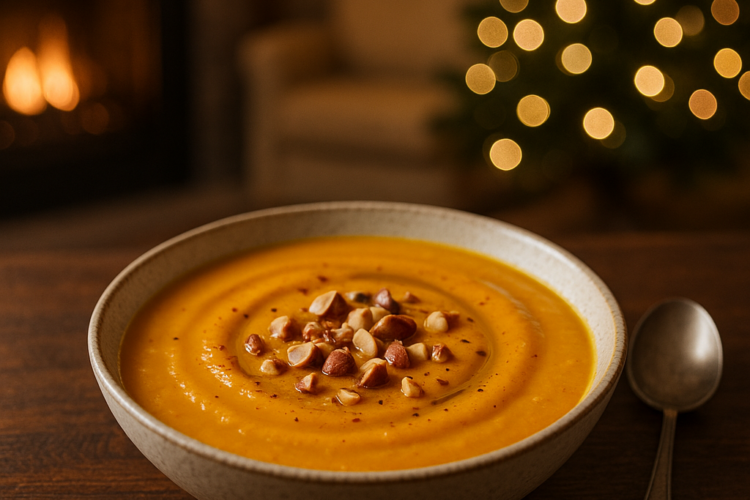 Bol de velouté de potimarron crémeux garni de noisettes concassées, posé sur une table en bois foncé, dans un salon chaleureux décoré pour décembre, avec un sapin illuminé et un feu de cheminée en arrière-plan.