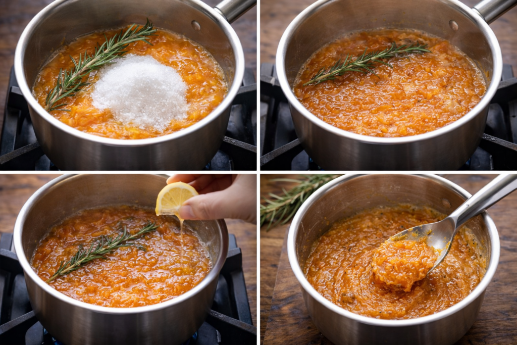 Casserole d’insert clémentine–romarin en train de mijoter, avec une texture brillante et épaisse.