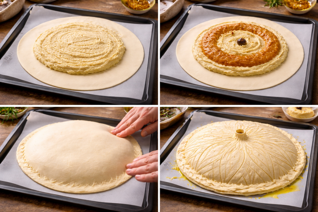 Montage d’une galette des rois : disque de pâte, frangipane au centre en laissant un bord libre, insert clémentine, fève cachée, puis fermeture, dorure et décor avec cheminée.