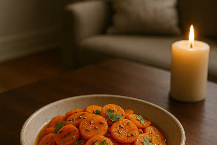 Assiette de salade de carottes marocaines coupées en rondelles, assaisonnées au cumin et au jus d’orange,