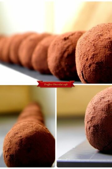 "Truffes au chocolat et café enrobées de cacao, présentées dans une belle mise en scène, prêtes à être dégustées."