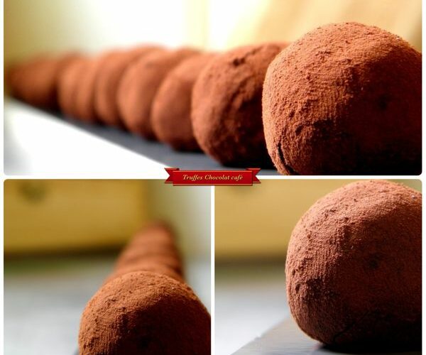 "Truffes au chocolat et café enrobées de cacao, présentées dans une belle mise en scène, prêtes à être dégustées."